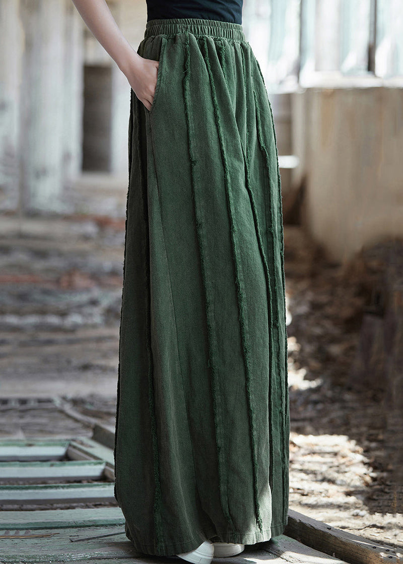 Green Pockets Elastic Waist Linen Pants Summer