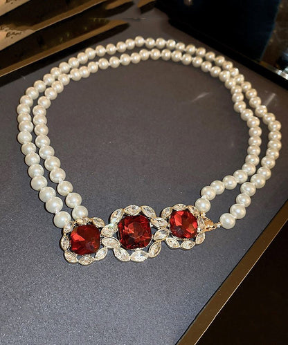 Red Alloy Zircon Bilayer Pearl Gratuated Bead Necklace