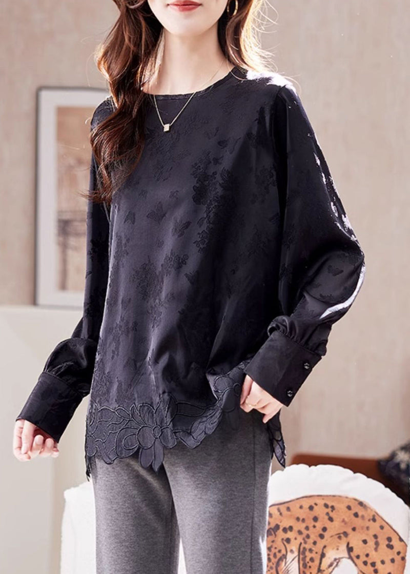 Handmade Black O-neck Embroidered Top Lantern Sleeve