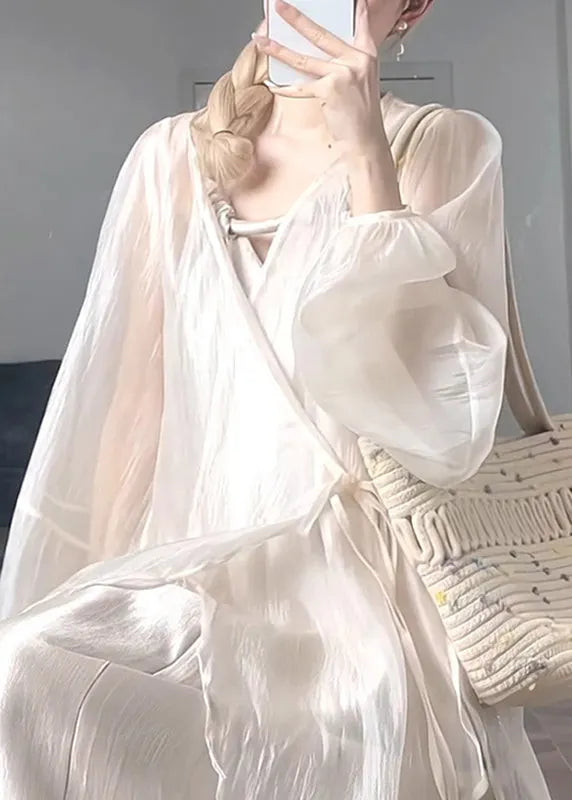 Natural Apricot V Neck Tie Waist Chiffon Upf 50+ Coat Lantern Sleeve