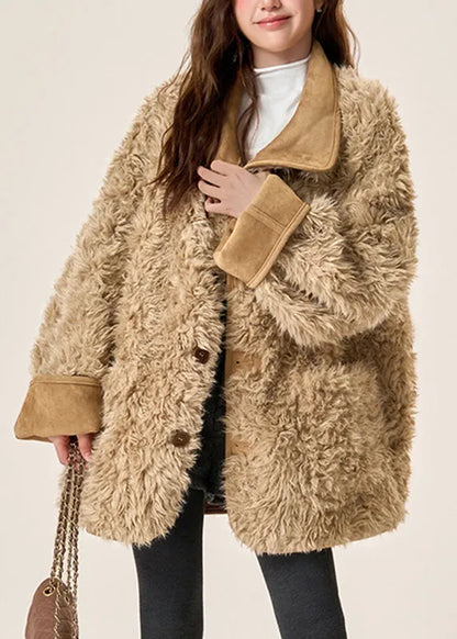 Organic Brown Pockets Fleece Wool Lined Wear on Both Sides Coats Winter