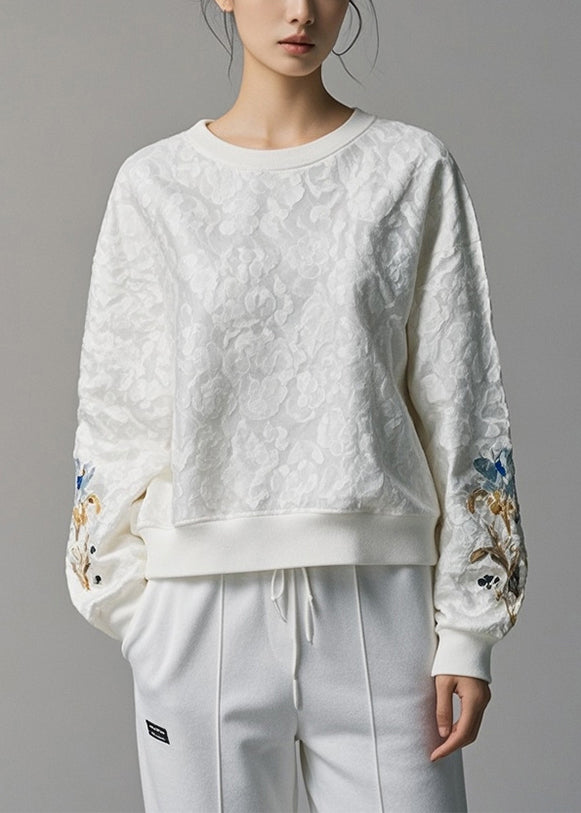 Jacquard White O Neck Cotton Sweatshirt Fall