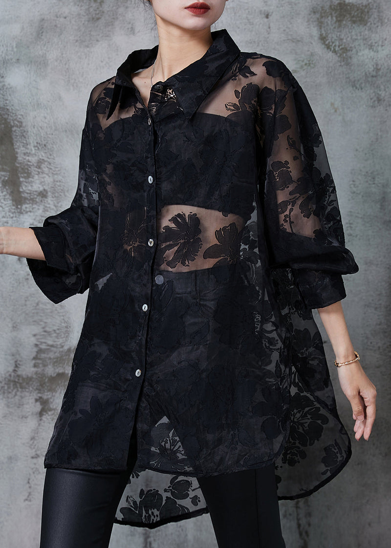 Black Oversized Jacquard Tulle Upf 50+ Shirt Summer