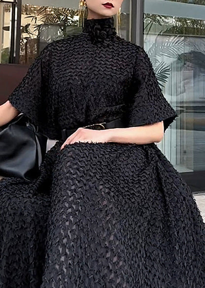 Black Hign Neck Tie Waist Cotton Dresses Fall