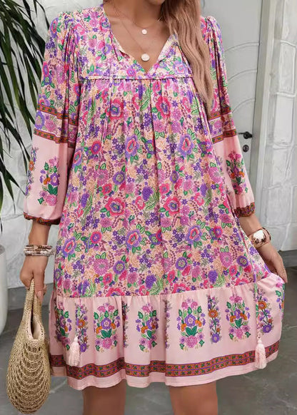 Loose Apricot Print Lace Up Cotton Mid Dress Summer