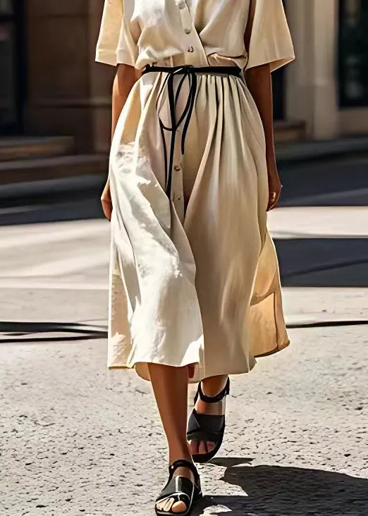 Beige V Neck Tie Waist Patchwork Cotton Dress Summer