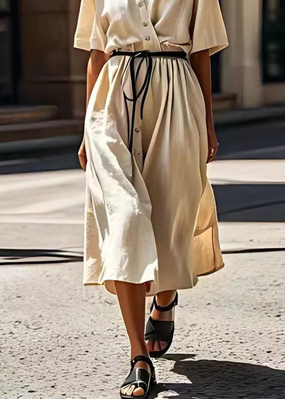 Beige V Neck Tie Waist Patchwork Cotton Dress Summer