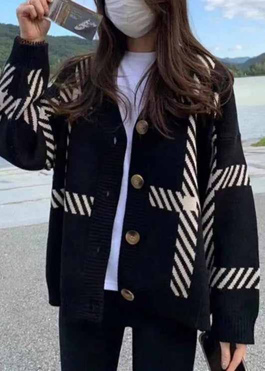 Khaki V Neck Striped Button Knit Cardigan Fall