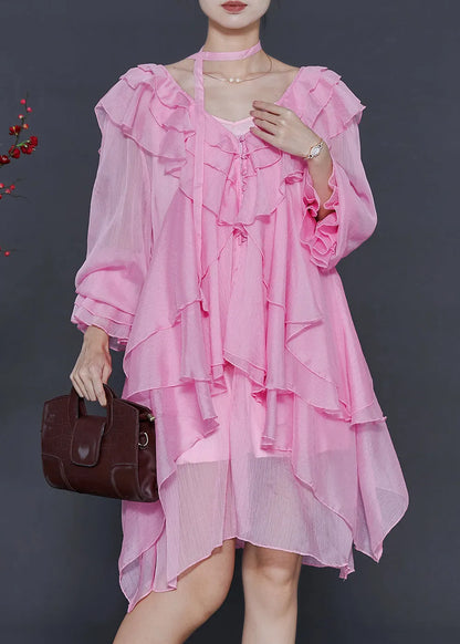 Stylish Pink Asymmetrical Ruffles Chiffon Mid Dress Fall