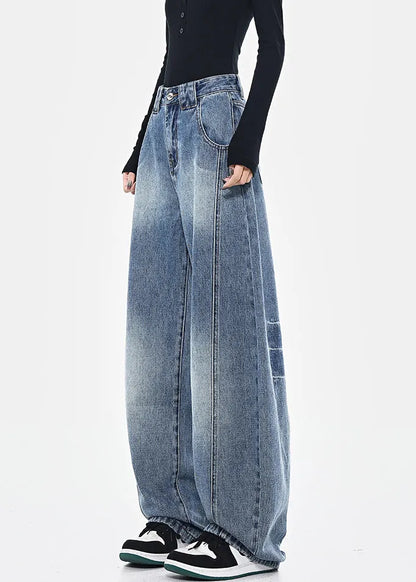Blue Pockets Patchwork High Waist Denim Pants Spring