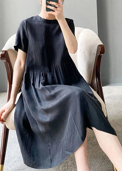 Brief Beige O-neck Patchwork Linen Dress Short Sleeve