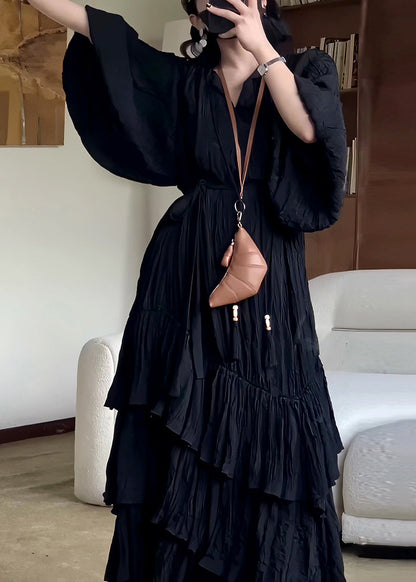 French Black V Neck Wrinkled Cotton Long Dress Fall