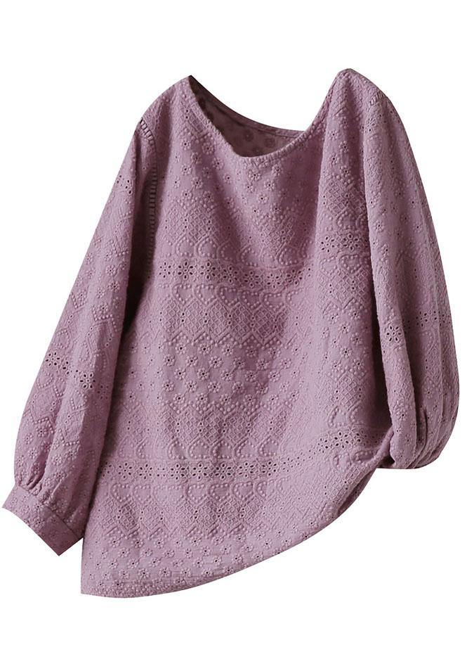 Purple Embroidered Lantern Sleeve Asymmetrical Design Cotton Blouse Top Summer