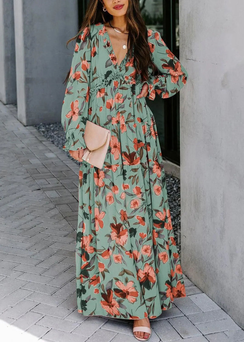 Pink V Neck Ruffled Print Chiffon Long Dress Spring