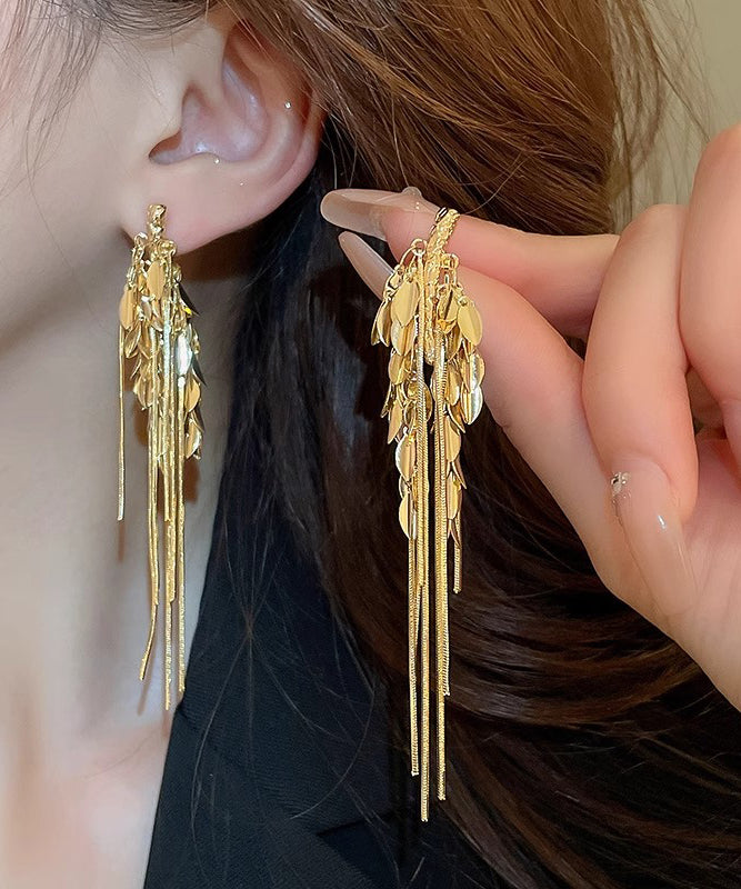 Skinny Gold Copper Alloy Leaf Ear of Wheat Tassel Drop Earrings