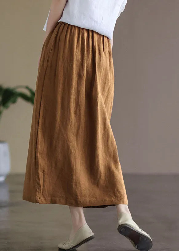 Brown Elastic Waist Side Open Linen Skirt Summer