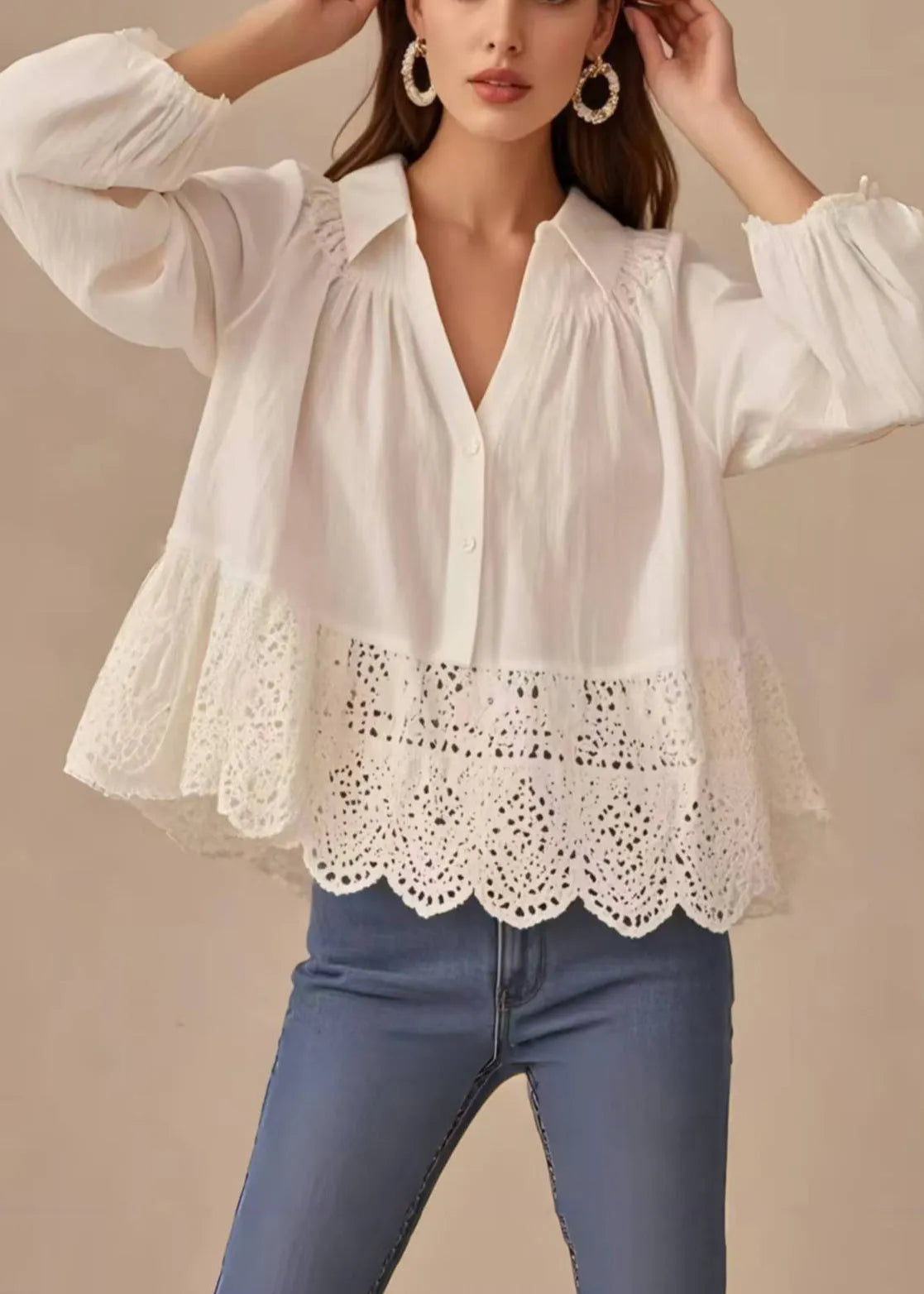 French White V Neck Patchwork Lace Shirt Spring