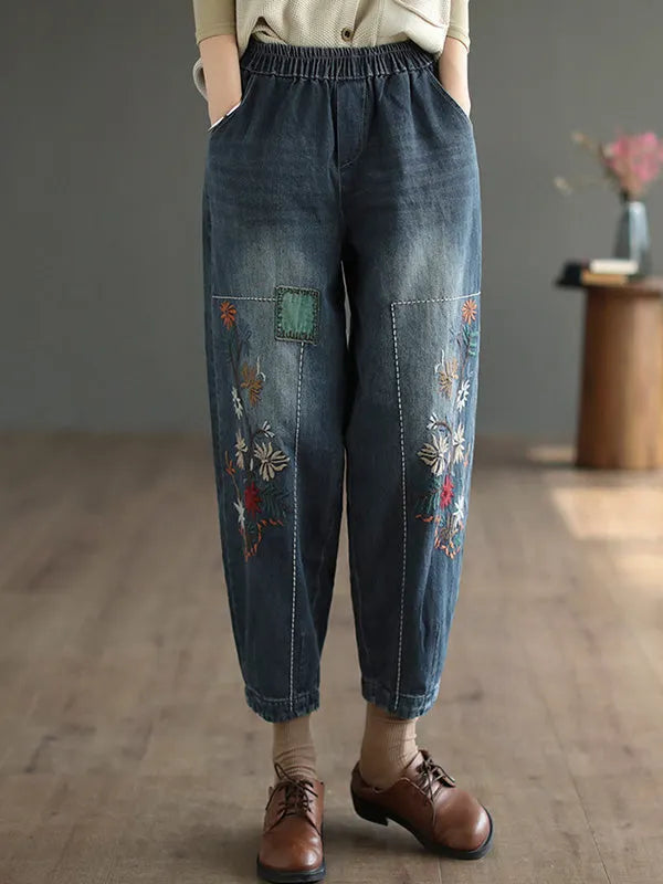 Loose Embroidered Elasticity Harem Denim Pants