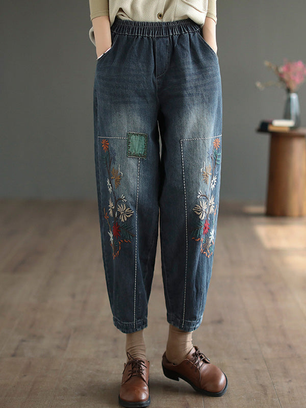 Loose Embroidered Elasticity Harem Denim Pants