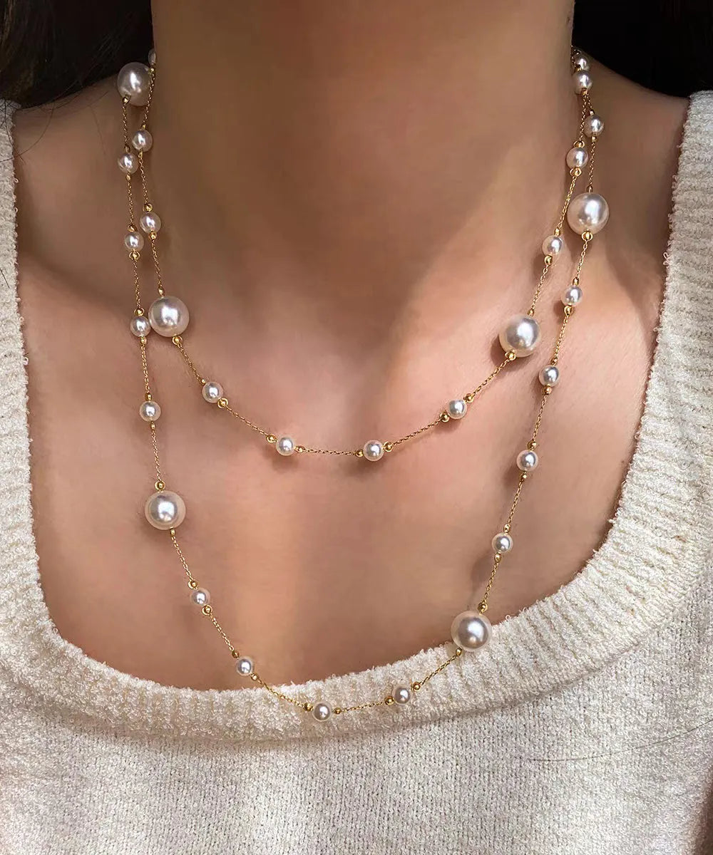 White Sterling Silver Overgild Pearl Sweaters Lariat Necklace