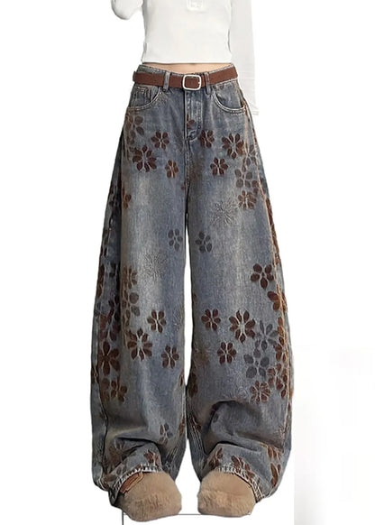 Navy Oversized Print Denim Pants Spring