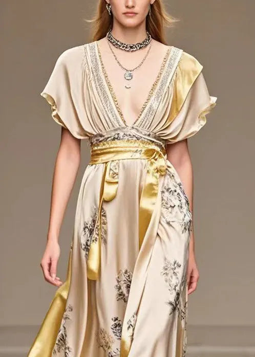 Champagne Cinched Patchwork Print Silk Robe Dresses Summer