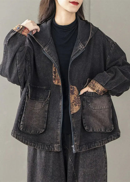 Art Black Oversized Patchwork Hooded Jacket Spring