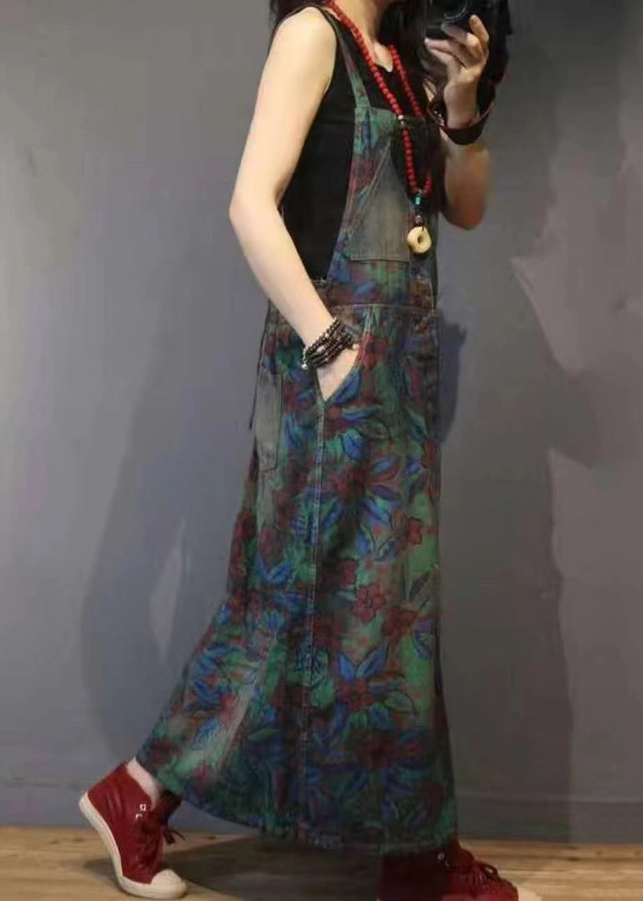 Print Pockets High Waist Denim Straps Dress Sleeveless