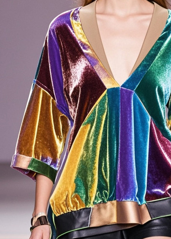 Multicolour V Neck Patchwork Silk Velour Blouse Tops Fall