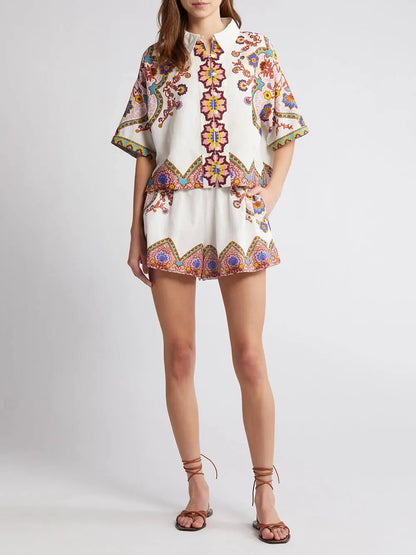 Short Sleeve Print Shirt and Shorts Suit