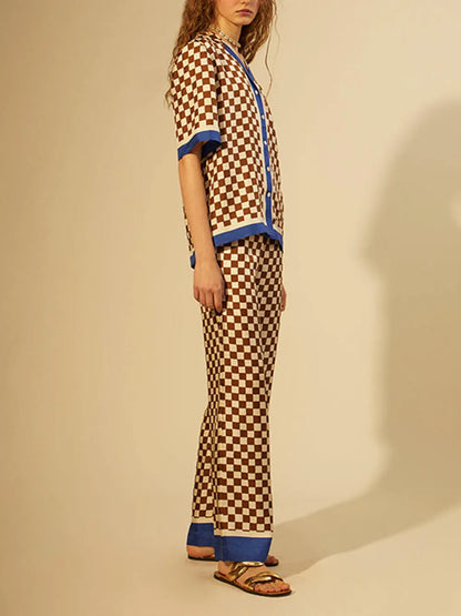 Checkerboard Blue Stripe Unique Print Patchwork Loose Top