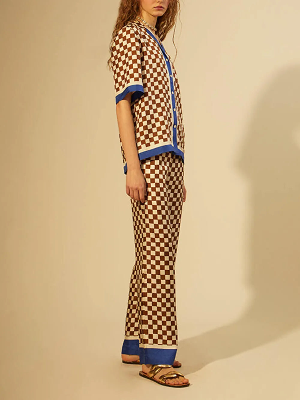 Checkerboard Blue Stripe Unique Print Patchwork Loose Top