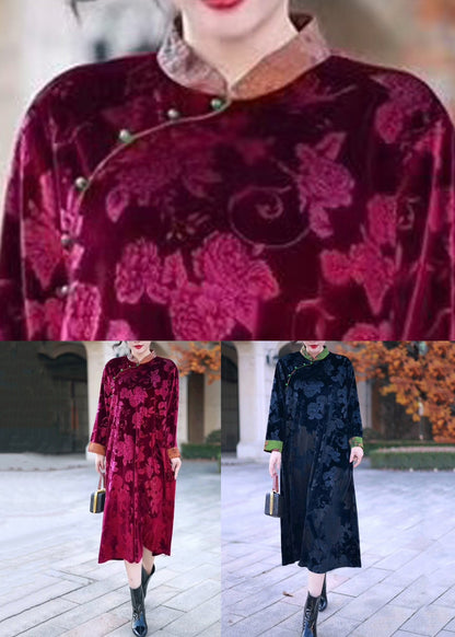 Black Stand Collar Print Silk Velvet Long Dress Winter