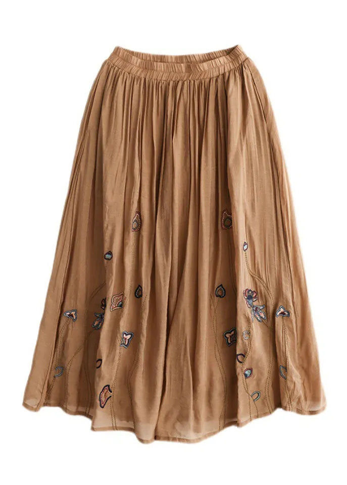 Italian Khaki Embroidered Exra Large Hem Linen Silk Skirts Spring