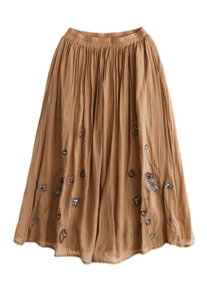 Italian Khaki Embroidered Exra Large Hem Linen Silk Skirts Spring