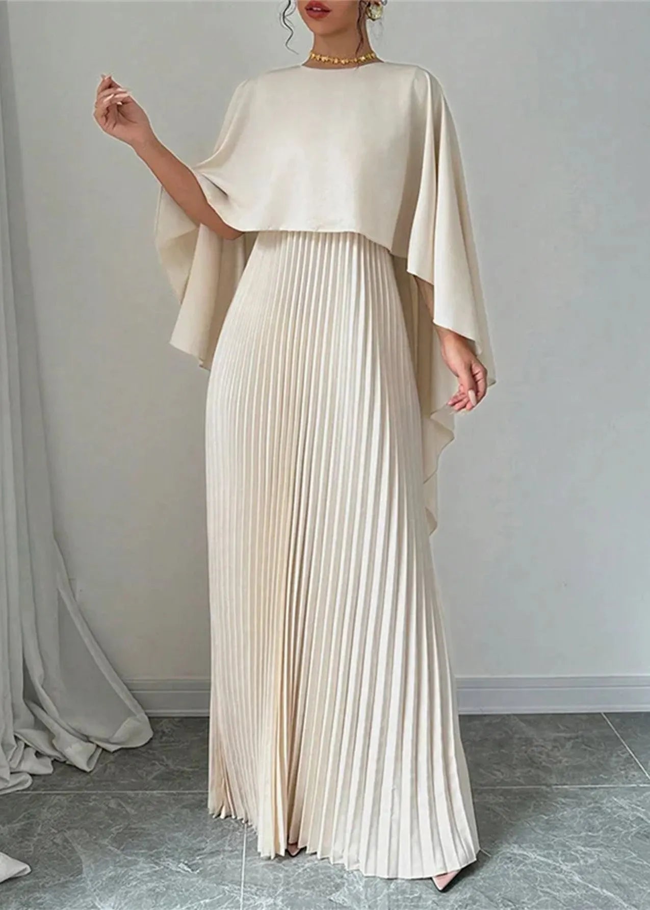 Beige Asymmetrical Patchwork Long Dress Batwing Sleeve