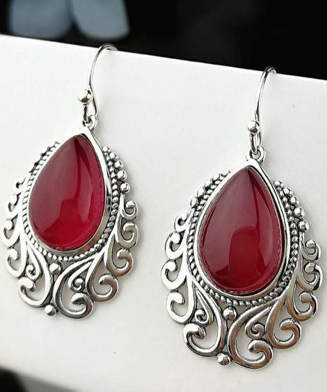 Red Sterling Silver Hollow Out Jade Water Drop Drop Earrings