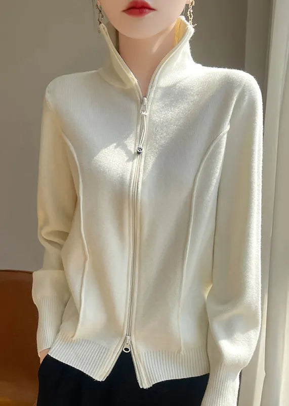 Slim Fit White Stand Collar Zip Up Knit Coats Fall