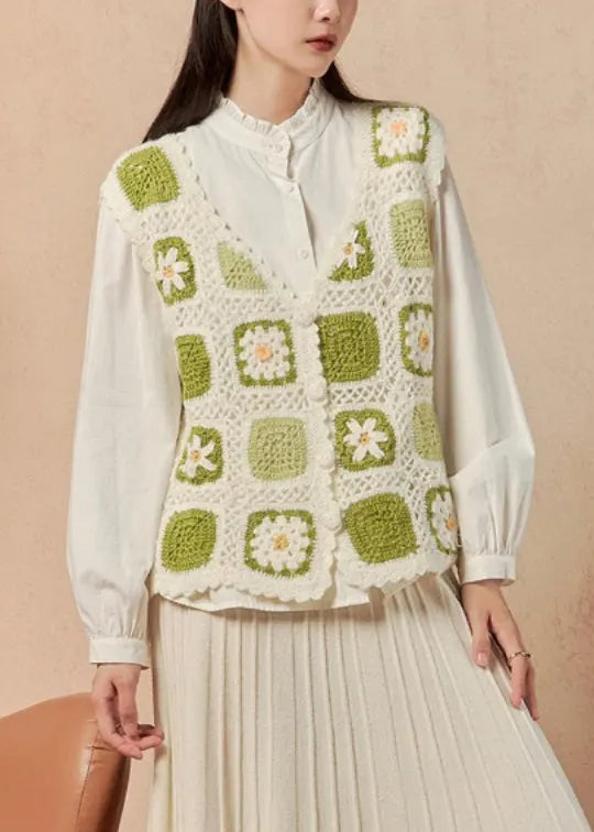 Green Button Hollow Out Knit Waistcoat Sleeveless