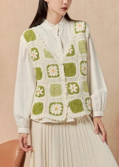 Green Button Hollow Out Knit Waistcoat Sleeveless