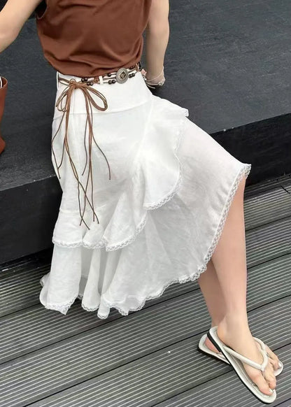 French White Asymmetrical Lace High Waist Cotton Skirt Summer