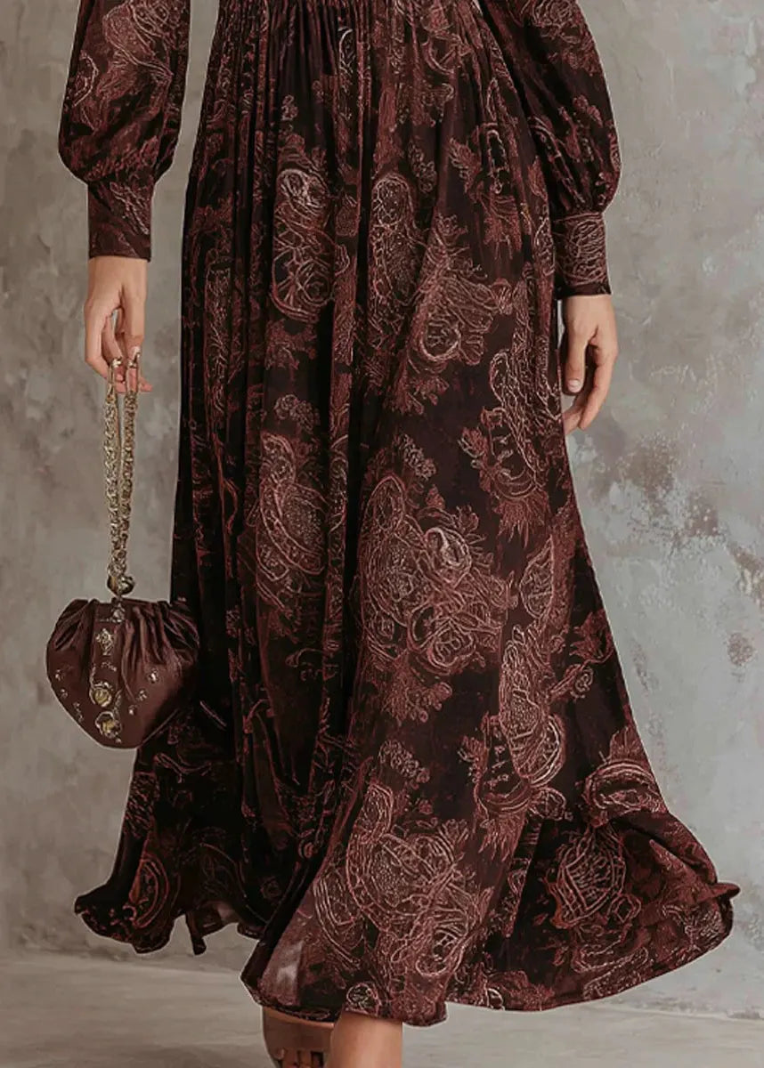 Chocolate V Neck Zip Up Print Cotton Long Dress Fall