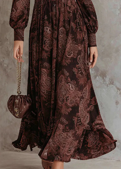 Chocolate V Neck Zip Up Print Cotton Long Dress Fall