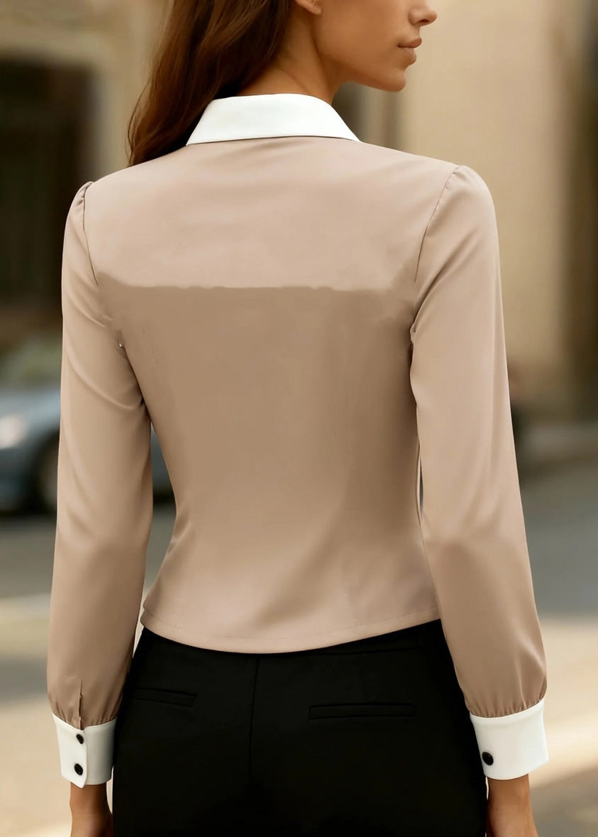 Slim Fit Khaki Peter Pan Collar Patchwork Silk Top Spring