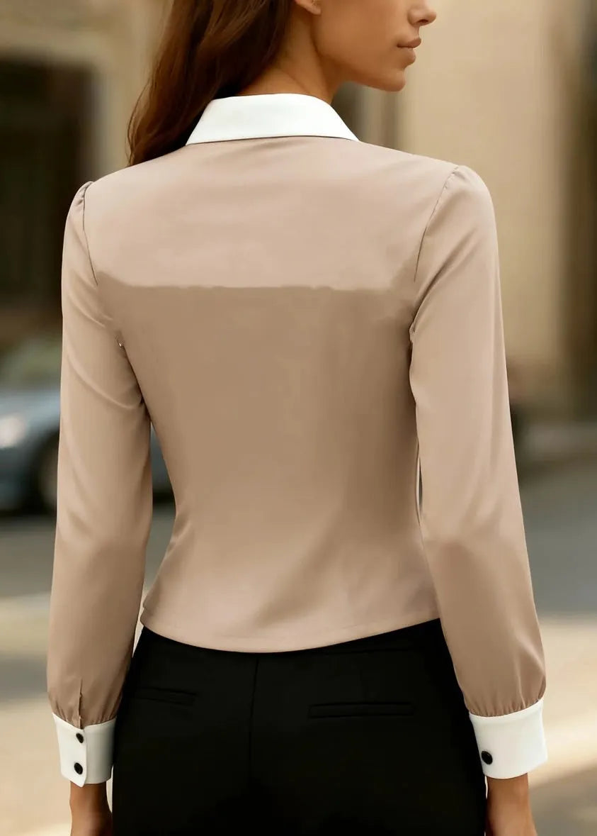 Slim Fit Khaki Peter Pan Collar Patchwork Silk Top Spring
