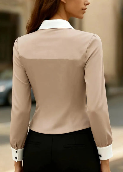 Slim Fit Khaki Peter Pan Collar Patchwork Silk Top Spring