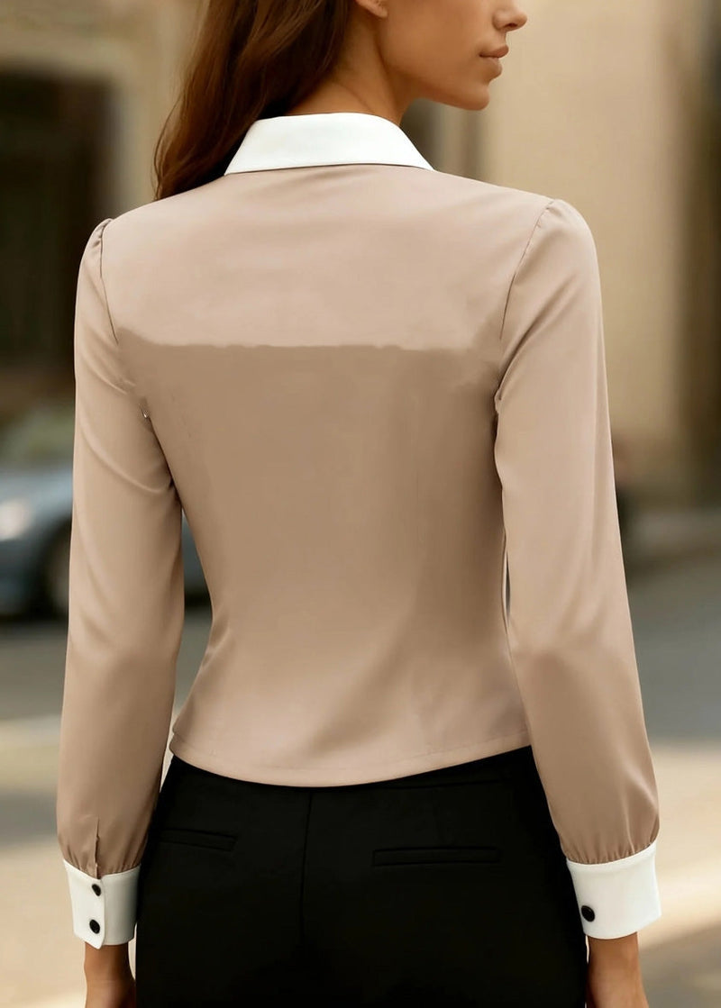 Slim Fit Khaki Peter Pan Collar Patchwork Silk Top Spring