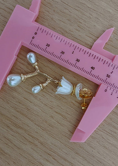 Stylish White Pearl 14k Gold Branch Drop Earrings