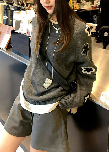 Grey O Neck Knit Sweater Tops Fall