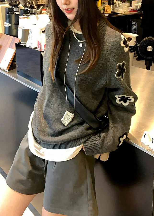 Grey O Neck Knit Sweater Tops Fall